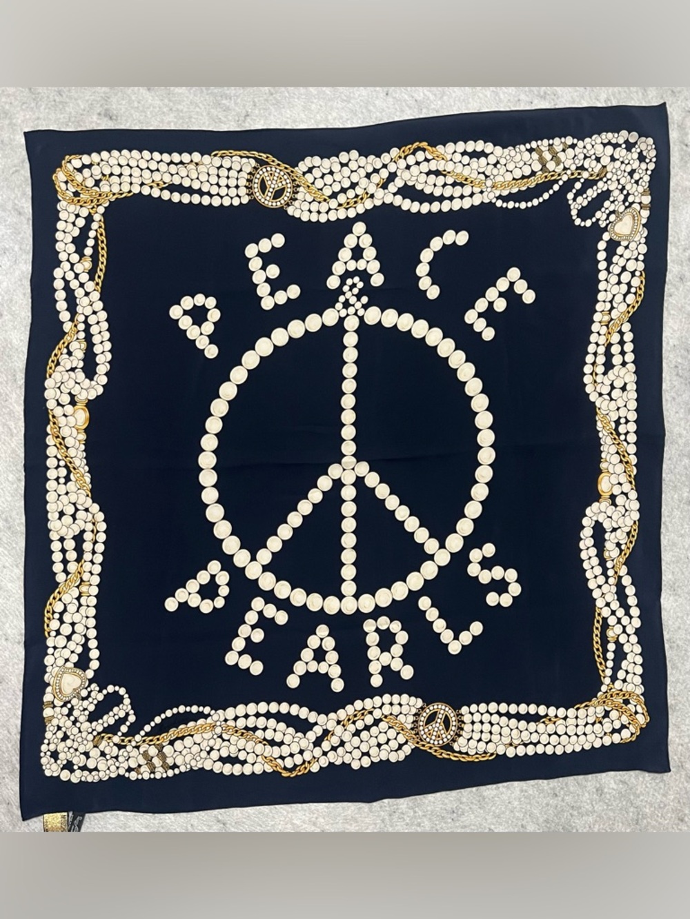 VTG*Moschino’Peace & Pearls’Chain Prints Silk Scarf Navy w/white & Gold- 34x32”